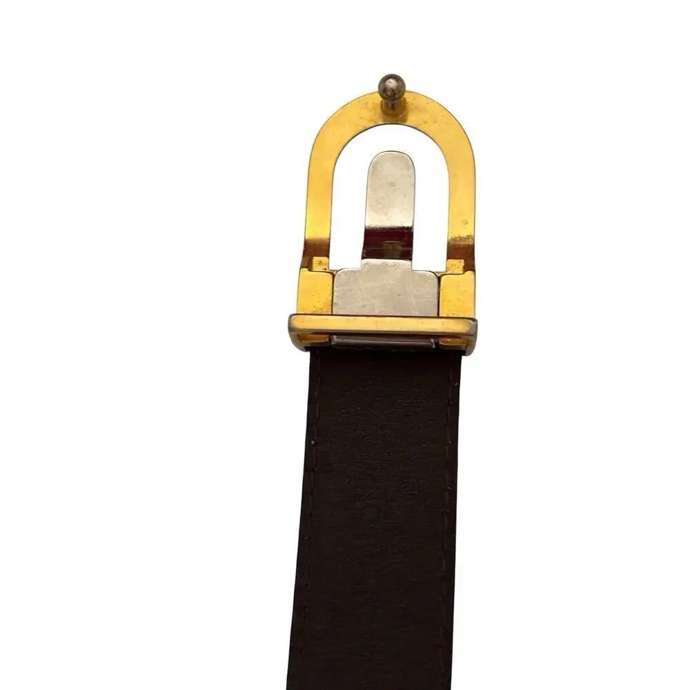 Genuine Snakeskin On Leather Brown Belt Size 34” Skinny Dress Gold Hardware